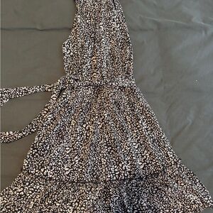 Elegant Blue and White Patterned Dress with a High Neck